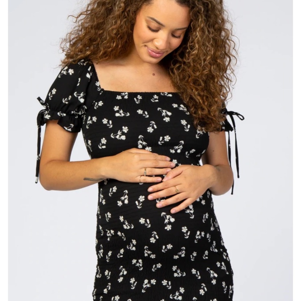 Pinkblush black floral smocked maternity dress